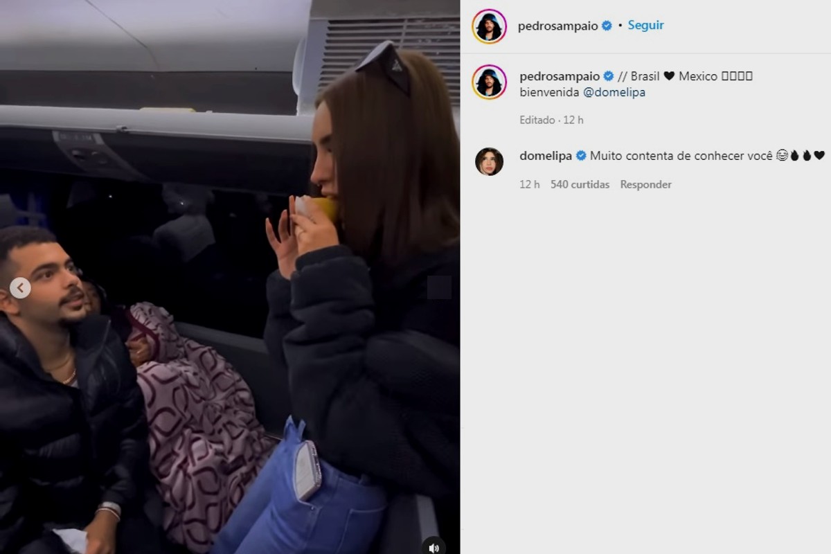 Junto com Pedro Sampaio, influencer Domelipa conhece a coxinha durante visita ao Brasil (Foto: Pedro Sampaio/Instagram/reprodução)